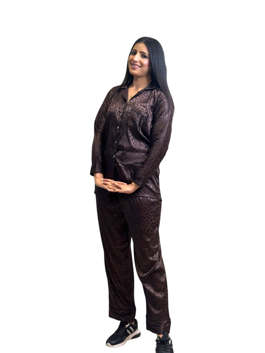 Choco Luxe – Satin Leopard Co-Ord Nightwear Set